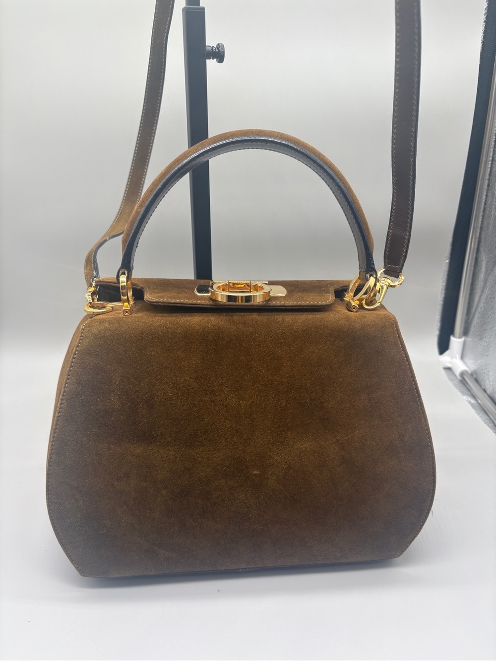 Salvatore Ferragamo Brown Suede Gancini Top Handle Crossbody Bag  with COA